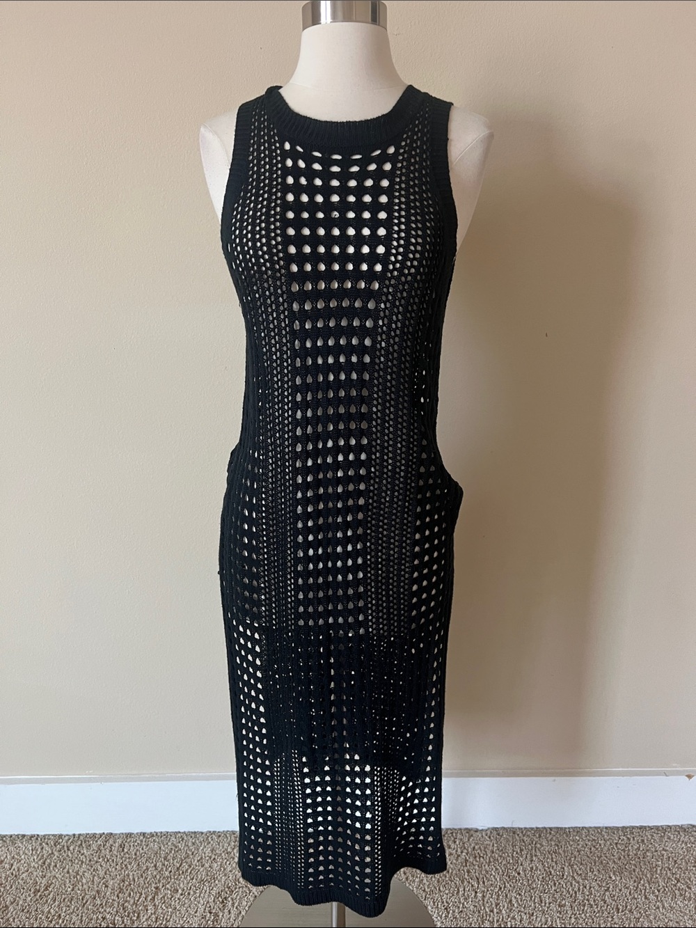 No Brand Black Crochet Knit Sleeveless Bathing Suit Cover Up Dress